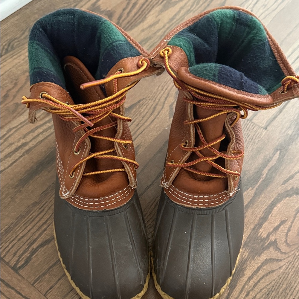 LL Bean Brown and Plaid Duck Boots